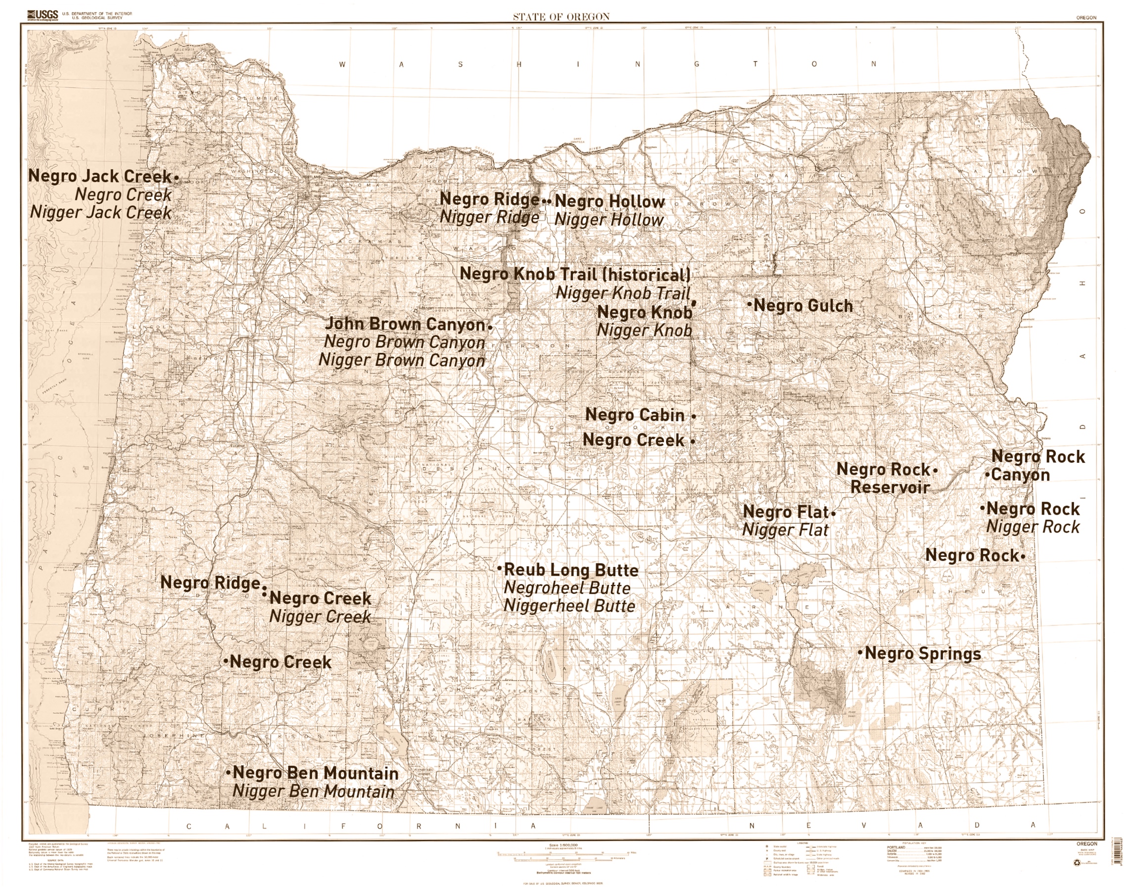 A map of geographical landmarks in Oregon that have had “negro” or the n-word as part of their official names.