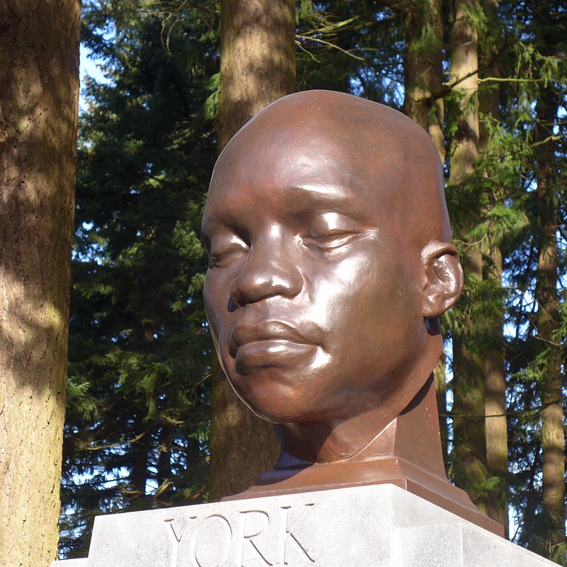 Closeup photograph of the bust of York that was placed anonymously on the empty pedestal